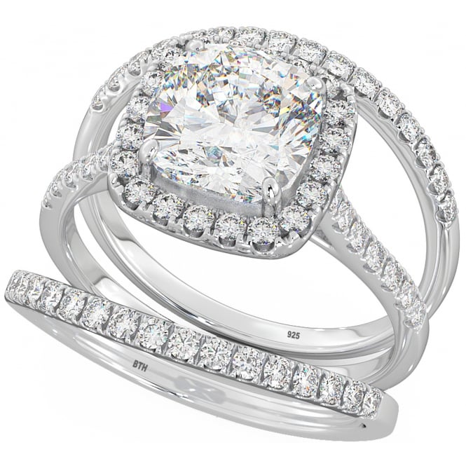 925 Silver Cubic Zirconia Trio Ring Set - Cushion Cut Halo Design