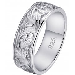 925 Silver Floral Pattern Carved Wedding Bands 