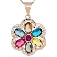 925 Silver Flower Necklace With Colourful Birth Stones - Rose Gold Plated