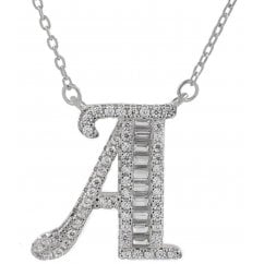 925 Silver Letter A Initial Baguette Cut Pendant Necklace 