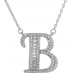 925 Silver Letter B Initial Baguette Cut Pendant Necklace 