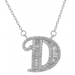 925 Silver Letter D Initial Baguette Cut Pendant Necklace 