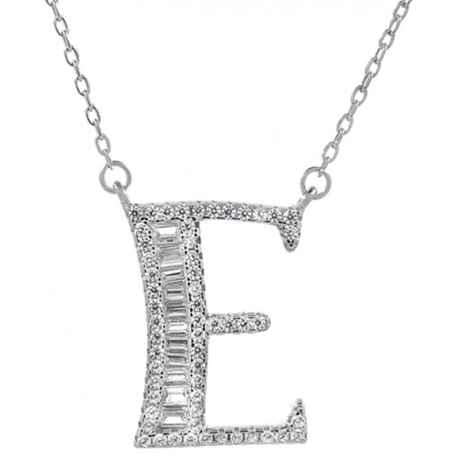 925 Silver Letter E Initial Baguette Cut Pendant Necklace 