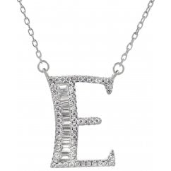 925 Silver Letter E Initial Baguette Cut Pendant Necklace 