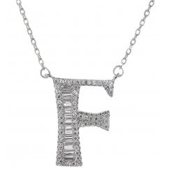 925 Silver Letter F Initial Baguette Cut Pendant Necklace 