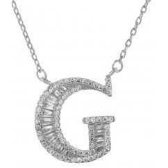 925 Silver Letter G Initial Baguette Cut Pendant Necklace 