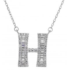 925 Silver Letter H Initial Baguette Cut Pendant Necklace 