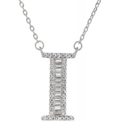 925 Silver Letter I Initial Baguette Cut Pendant Necklace 