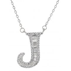 925 Silver Letter J Initial Baguette Cut Pendant Necklace 