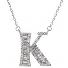 925 Silver Letter K Initial Baguette Cut Pendant Necklace 