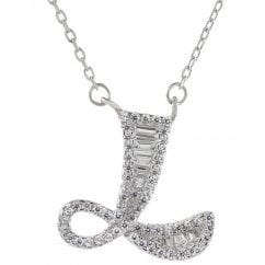 925 Silver Letter L Initial Baguette Cut Pendant Necklace 