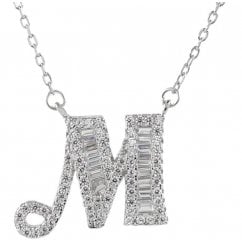 925 Silver Letter M Initial Baguette Cut Pendant Necklace 