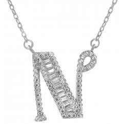 925 Silver Letter N Initial Baguette Cut Pendant Necklace 