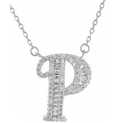925 Silver Letter P Initial Baguette Cut Pendant Necklace 