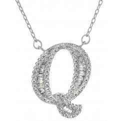 925 Silver Letter Q Initial Baguette Cut Pendant Necklace 