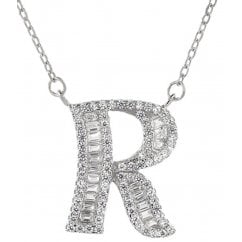 925 Silver Letter R Initial Baguette Cut Pendant Necklace 
