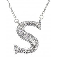 925 Silver Letter S Initial Baguette Cut Pendant Necklace 