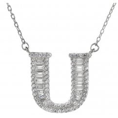 925 Silver Letter U Initial Baguette Cut Pendant Necklace 