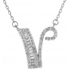 925 Silver Letter V Initial Baguette Cut Pendant Necklace 