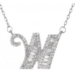925 Silver Letter W Initial Baguette Cut Pendant Necklace 