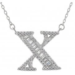 925 Silver Letter X Initial Baguette Cut Pendant Necklace 