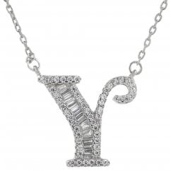 925 Silver Letter Y Initial Baguette Cut Pendant Necklace 
