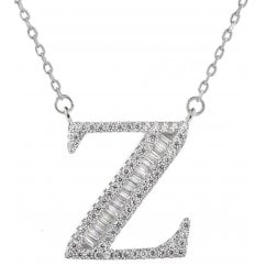 925 Silver Letter Z Initial Baguette Cut Pendant Necklace 