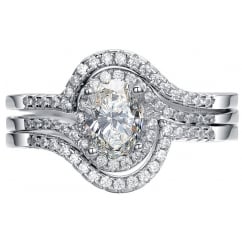 925 Sterling Silver 3 Piece Oval Cut Halo Wedding Engagement Ring Set