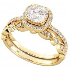 925 Sterling Silver Cushion Cut Gold Halo Ring Set