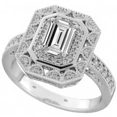 925 Sterling Silver Halo Ring with Emerald Cut Cubic Zirconia
