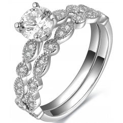 925 Sterling Silver Halo Round Cut Cubic Zirconia Ring Set