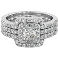 925 Sterling Silver Ladies 3 piece Halo Wedding Engagement Ring Set 