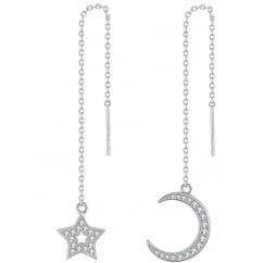 925 Sterling Silver Ladies Cubic Zirconia Moon And Star Chain Earring
