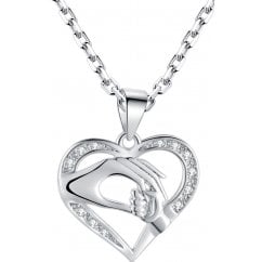 925 Sterling Silver Mother & Baby Holding Hand Heart Necklace 