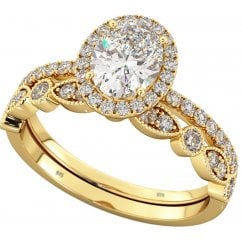 925 Sterling Silver Oval Cut Gold Tone Halo Wedding Ring Set