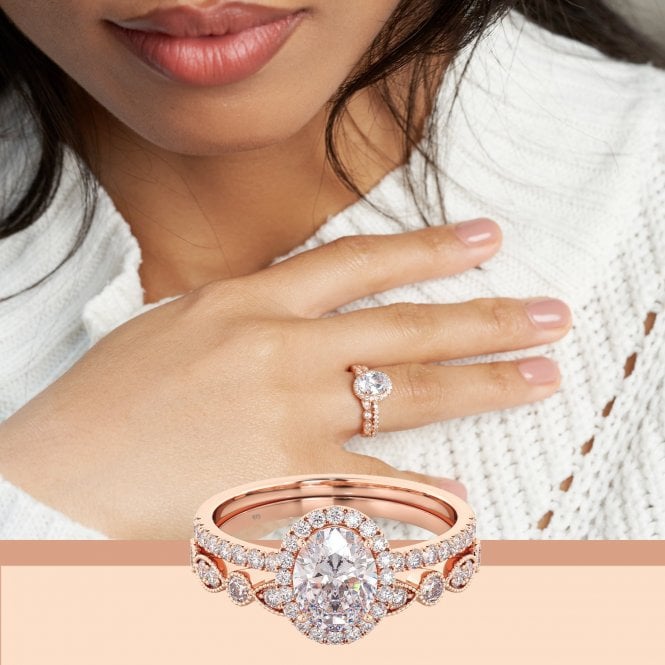 925 Sterling Silver Oval Halo Rose Gold Tone Bridal Ring Set 