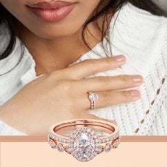 925 Sterling Silver Oval Halo Rose Gold Tone Bridal Ring Set 