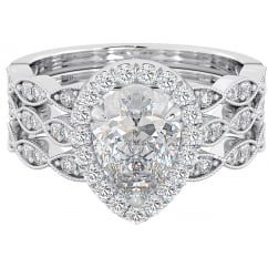 925 Sterling Silver Pear Cut Halo Three Rings Set