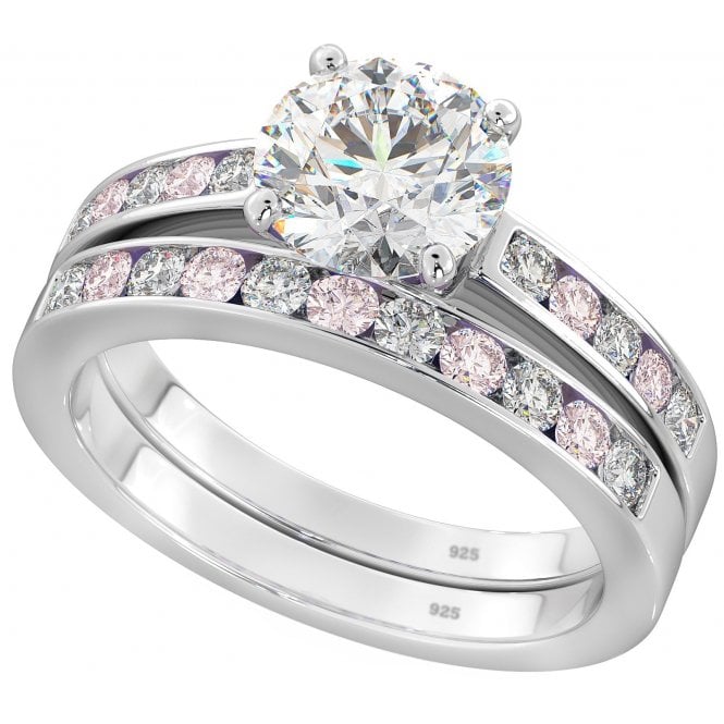 925 Sterling Silver Pink Sapphire Cubic Zirconia Wedding Ring Set