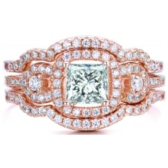 925 Sterling Silver Princess Cut Rose Gold Tone Wedding Engagement Ring Set