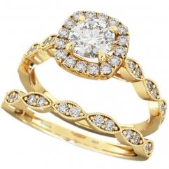 925 Sterling Silver Round Cut Gold Tone Halo Wedding Ring Set