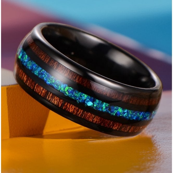  Black Tungsten Ring with Koa Wood and Opal - Perfect Blend of Style and Elegance