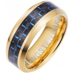 Blue Carbon Fibre Inlay Gold Tungsten Ring