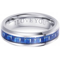 Blue Carbon Inlay 6mm Tungsten Carbide Unisex Wedding Band Ring - Engraved With I Love You 