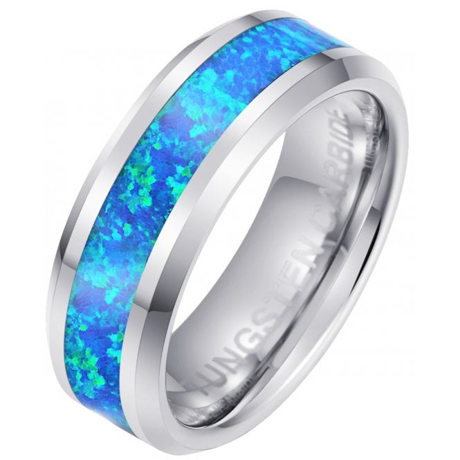 Blue Green Opal Tungsten Carbide Wedding Band Mens Ring