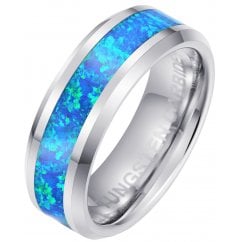 Blue Green Opal Tungsten Carbide Wedding Band Mens Ring