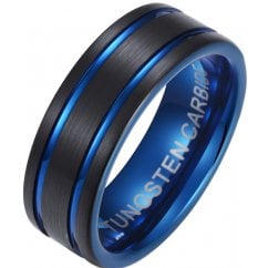 Blue Stripe Men’s Black Tungsten Wedding Band - 8mm