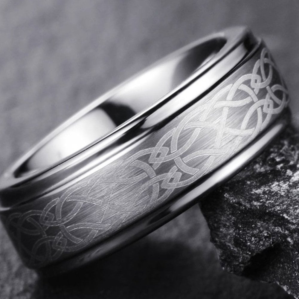 GiftsWithThought Men's 8mm Genuine Tungsten Carbide Celtic Knot Wedding Band - Silver, Claddagh Style