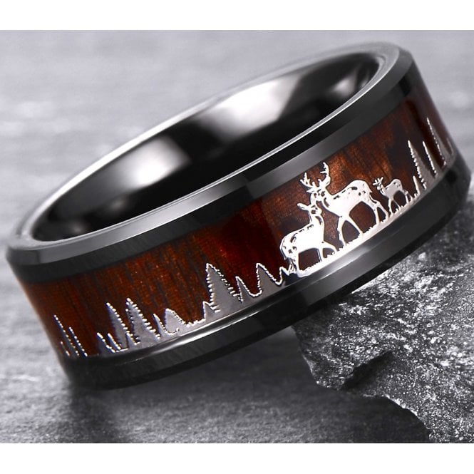 Deer Family Black Tungsten With Wood Inlay Wedding Band 8mm 