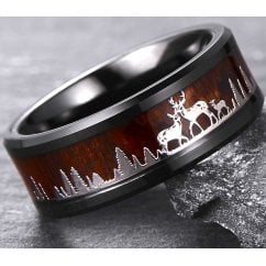 Deer Family Black Tungsten With Wood Inlay Wedding Band 8mm 